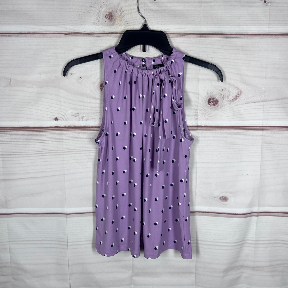 Ann Taylor Factory Tank Top Women XS Purple Polka Dot Bow Neck Sleeveless Office